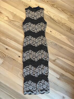 Sleeveless Black Midi Dress with Cream Lace Overlay